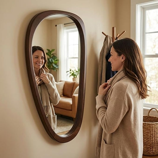 Solid Wood 48"x24" Large Full Length Irregular Mirror, Aesthetic Mid-Century Modern Statement Wall-Mounted Mirror, Modern Organic Asymmetrical Wooden Mirror, Dark Walnut