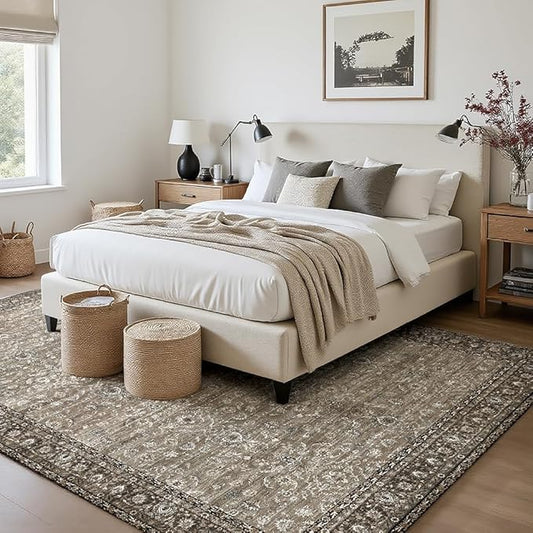 6x9 Area Rugs Grey and Brown Washable Rug for Living Room, Dining Room, Bedroom, Large Carpets, Non Slip & Non-Shedding Low Pile Vintage Print Rug for Home Office Decor