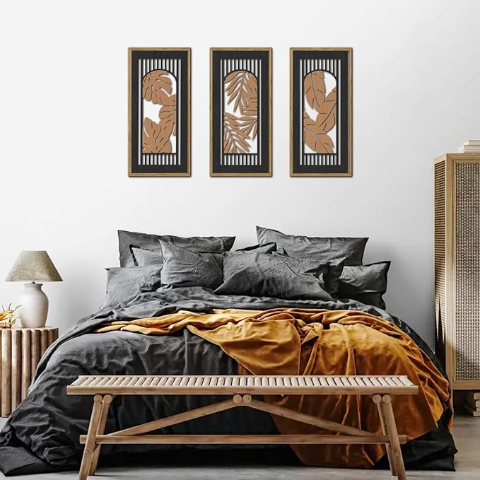 KAIRNE Rustic Tropical Boho Wall Decor,Palm Leaf Wooden Sign for Bathroom,Vintage Leaf Plant Hanging Wood Plaque Bohemian Wall Art Botanical Picture for Living Room Decoration 3 pcs(8x16Inch)