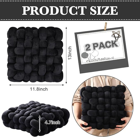 Wenqik 2 Pcs Knot Pillows Square Knotted Plush Throws Soft Accent Pillows Decoration Cushion for Couch Home Office Living Room Bedroom Bed Sofa Decor, 12'' x 13''(Black,Crystal Velvet)