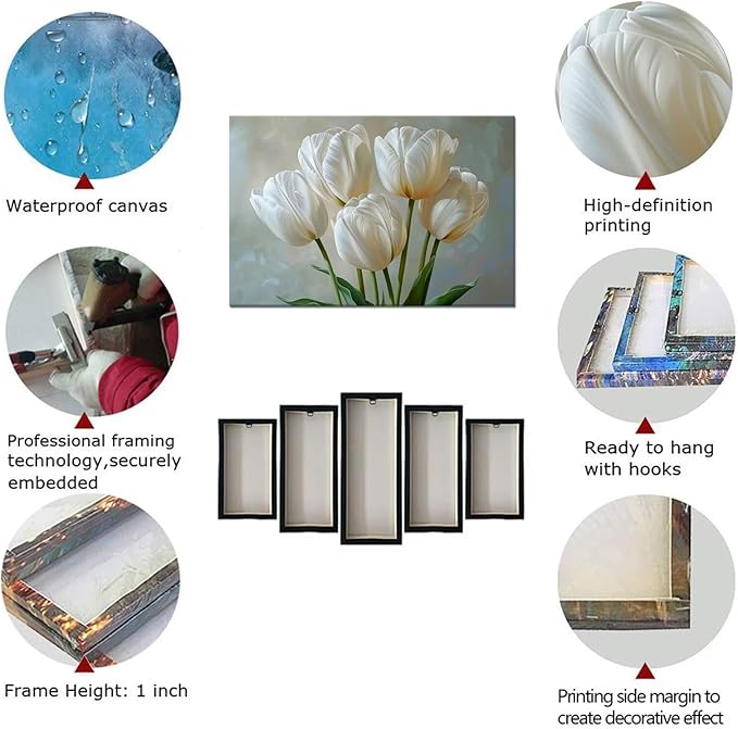 Flowers Wall Art White Tulips Bathroom Decor Modern Spring Floral Paintings Canvas Prints Artwork for Living Room Bedroom Home Decoration Framed
