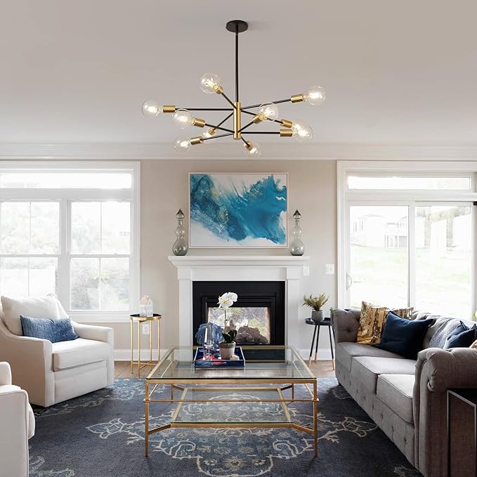 RUIYEY Sputnik Chandeliers Modern Black and Gold Chandeliers 10-Light Mid Century Farmhouse Chandelier Ceiling Light Fixture Height Adustable Pendant Light for Kitchen Island Living Room Dining Room