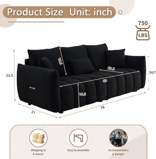 Antetek Teddy Sofa Set for Living Room, 2 Pieces Modern Deep Seat Oversized 3-Seater Cloud Boucle Couch for Bedroom, Office, Apartment, Furniture Set, 78-inch, Black (2 Pieces)