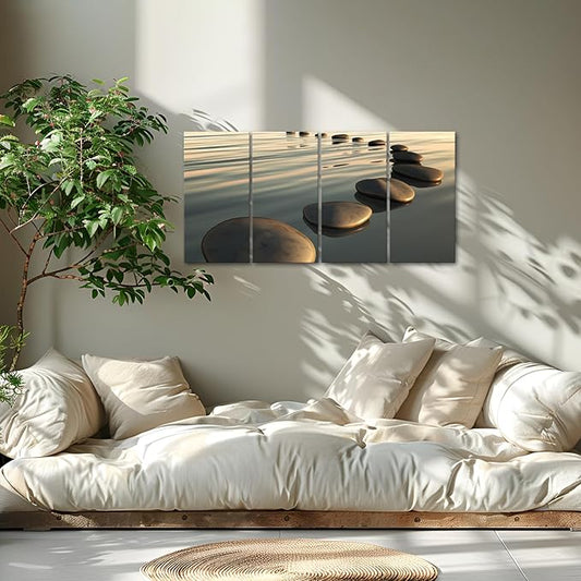 LevvArts - Zen Canvas Wall Art,Basalt Stone on The Sunset Relax Scenery Canvas Pictures for Living Room Decoration,Peaceful Water Multi Panel Wall Art Easy Hanging On - 48" W x 24" H overall