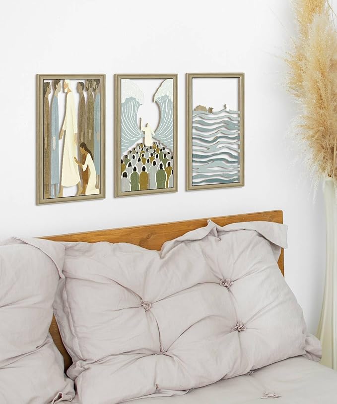 Putuo Decor Christian Wall Art Set of 3, Red Sea Bible Story Religious Wall Decor, Framed Jesus and Bible Verse Prints, Neutral Modern Boho Scripture Artwork for Church Living Room Bedroom, 16x8 Inch