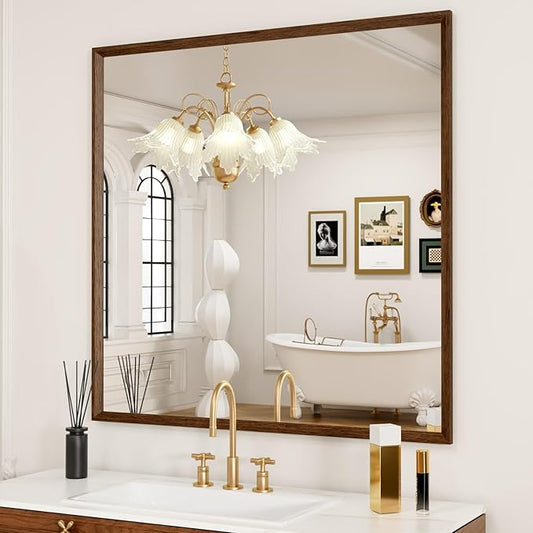 JISOSO Bathroom Vanity Mirror 36x36 Inch, Walnut Rectangle Bathroom Mirror, Anti-Rust, 4MM Tempered Glass, Wall-Mounted Mirror, Hangs Horizontally or Vertically for Bathroom & Bedroom