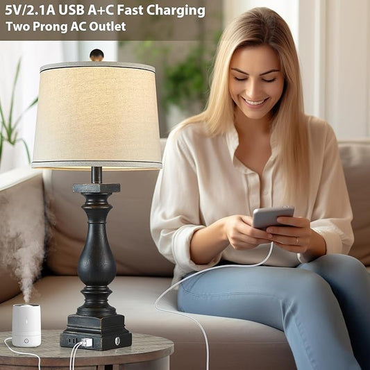 28" Tall Farmhouse Table Lamps with USB C+A Ports and AC Outlet, 3 Way Touch Control Rustic Bedside Lamps for Bedroom, Black Vintage Nightstand Lamps for Living Room Office
