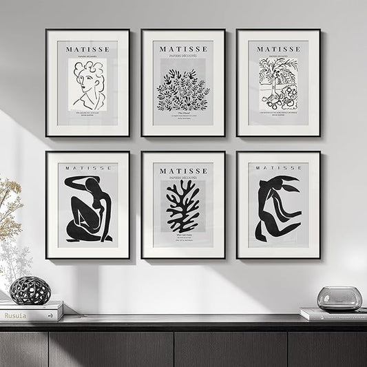 Framed Matisse Wall Art for Living Room, Set of 6 Modern Black and White Minimalist Botanical Body Line Prints for Walls, Abstract Aesthetic Pictures for Bedroom, Bathroom, Dining Room Decor, 11x14