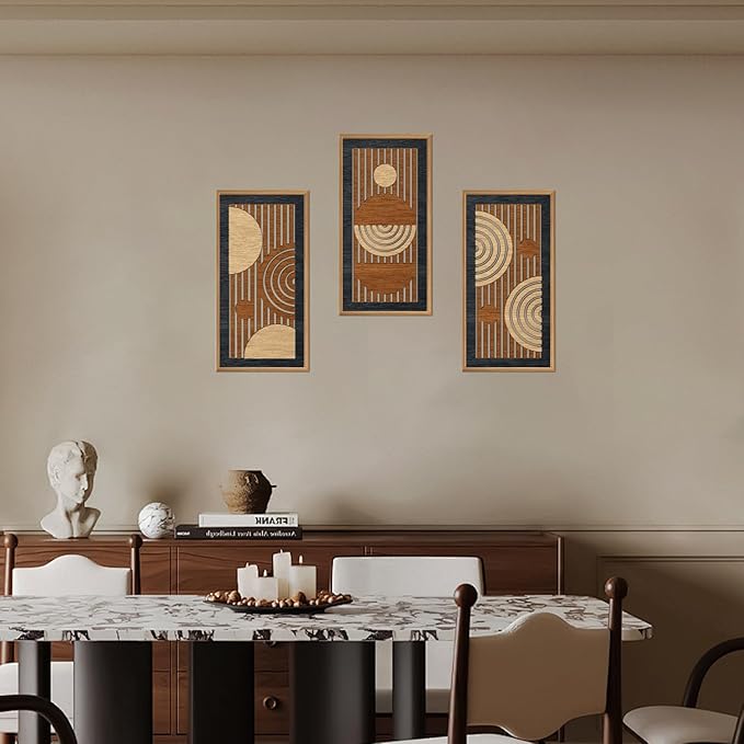 IARTTOP 3Pcs Mid Century Modern Wall Decor Framed Geometric Wood Wall Art Set Minimalist Abstract Line Panel Hanging Decor for Living Room Bedroom Office 8 x 16 Inch