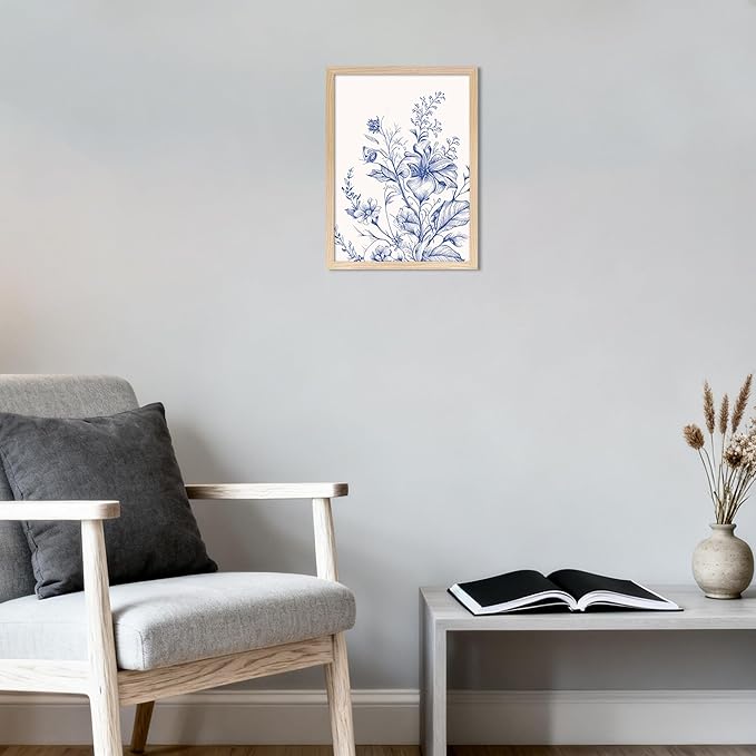Blue Floral Canvas Wall Art, Blue Line Flower Wall Decor, Blue White Chinoiserie Wildflower Pictures Prints Minimalist Botanical Artwork for Bedroom Living Room Bathroom Kitchen 8x10 in Framed