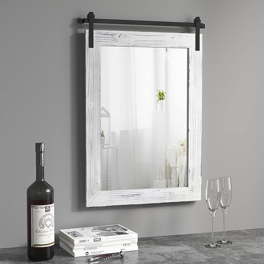 COGOOD Farmhouse Barn Door Mirror - 26" X 17" Rustic Wood Framed Wall Mirror for Bathroom, Living Room, Entryway Wall Decorative (White)