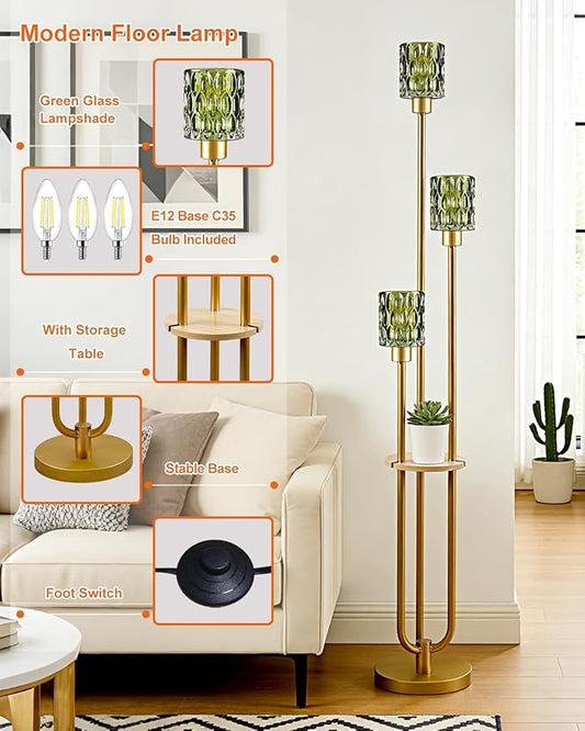 62IN Gold Floor Lamp with Green Glass Shade 3-Lights Mid-Century Modern Farmhouse Floor Lamps with 3000K Warm White Bulbs, Tall Standing Lamp 5Lbs Heavy Base for Living Room/Bedroom/Corner