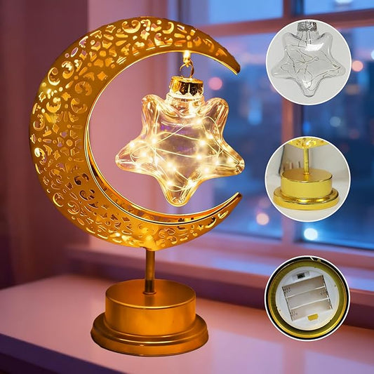 Gold Moon Table Night Light with Hanging Star Ramadan Decorative Lamp Battery Operated Suitable for Home Bedroom Shop Dining Table Holiday Party Eid Festival Decoration (Gmoon-WW-Star)