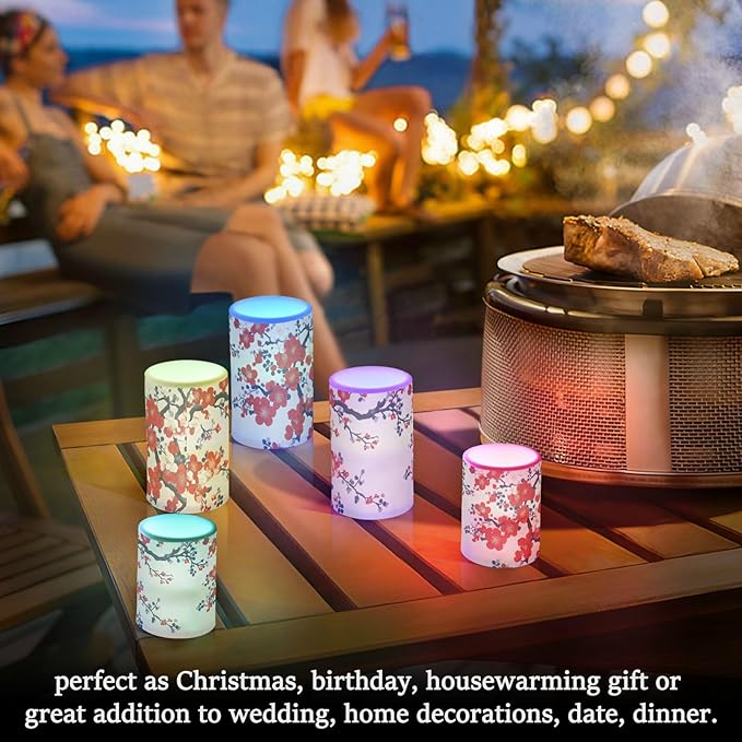 ALAZA Chinese Art Cherry Blossom Flickering Flameless Candles Battery Operated with Remote Timer,Tea Light Candles LED Pillar Votive Candles Set of 2 for Outdoor Indoor Decorations