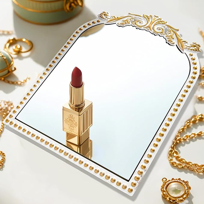 Vintage Makeup Mirror Antique Arched Vanity Tabletop Mirrors for Dresser,Baroque Decor Ornate Standing Mirror for Living Room,Desktop,Bedroom 12.1" x 9.8"