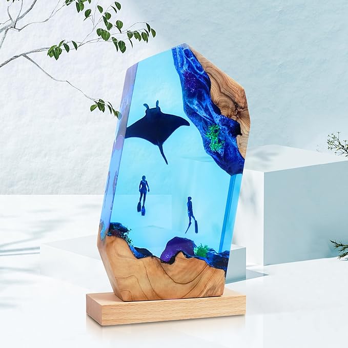 Epoxy Resin Lamp, Ocean Night Light,Artistry Home Decor Bedside Nightlight, Unique Resin Lighting, Nightstand Decorations for Bedroom, Suitable for Holidays(A Devilfish)