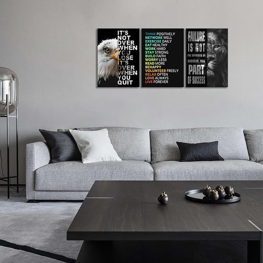 KAWAHONE Motivational Wall Art -Bald Eagle and Lion Inspirational Picture Animal Positive Quotes Wall Poster Framed Motivational Office Decor for Success Ready to Hang