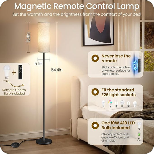 64.4” Dimmable Floor Lamp for Living Room with Remote and Foot Switch, Modern Standing Tall Lamp, Corner Floor Lamp for Bedroom, 10W 900LM LED Bulb Included, 3000K-6500K, Beige, FCC Listed E06LD05W1