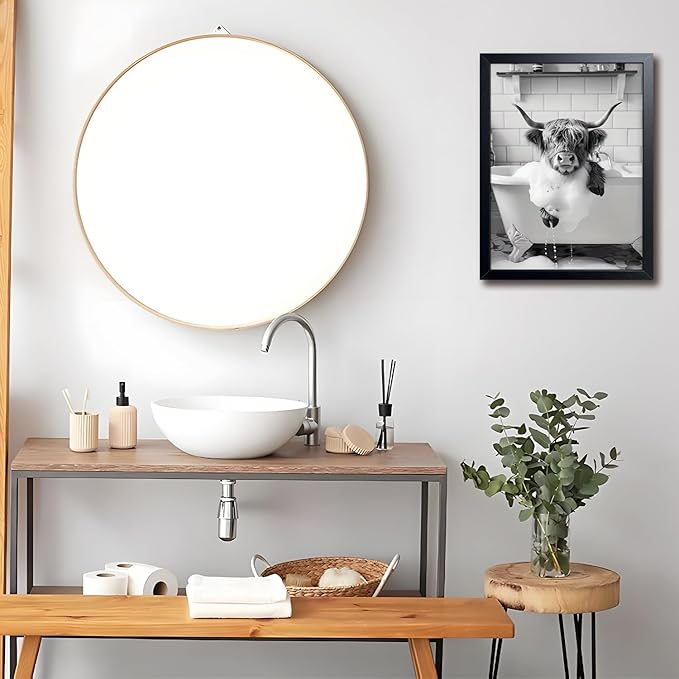 Highland Cow Bathroom Wall Art, Cute Black and White Animal Wall Decor Painting, Highland Cow in Bathtub Farmhouse Canvas Print Picture, Funny Bathroom Restroom Decor 16x24 Inch Wood Framed