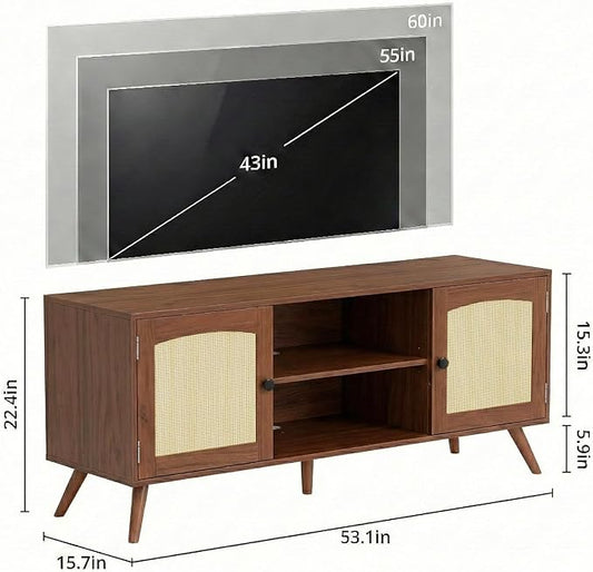 holzart Mid Century Modern Rattan TV Stand for 55/60 Inch TV - 53" Boho Media Console Table with Cane Doors & Open Shelves, Rustic Brown Entertainment Center for Living Room, Hallway, Entryway