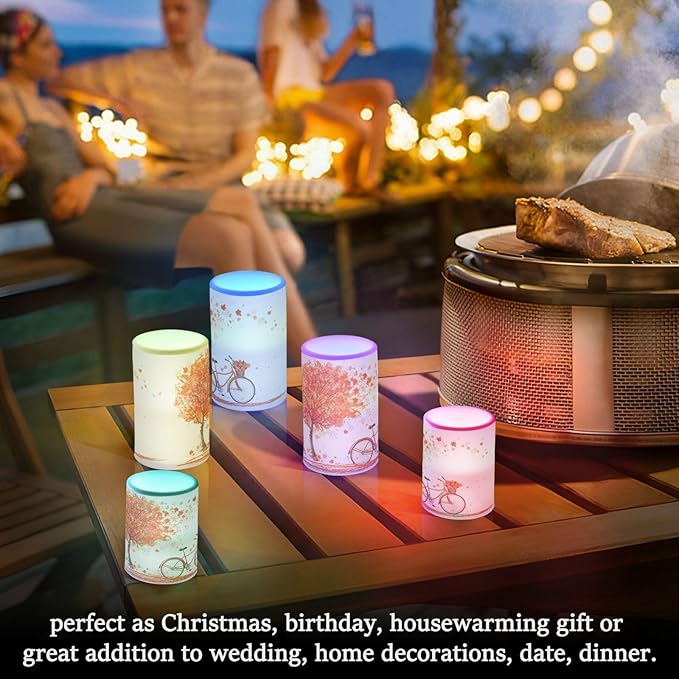 ALAZA Autumn Fall Tree and A Bicycle Thanksgiving Flickering Flameless Candles Battery Operated with Remote Timer,Tea Light Candles LED Pillar Votive Candles Set of 2 for Outdoor Indoor Decorations