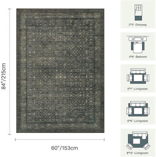 Vintage Area Rugs 5x7, Washable Rugs for Living Room, Green Boho Floral Rug for Office, Dining Room and Farmhouse, Durable Low Pile Non-Slip Area Rug for High Traffic Areas(Moss Brown)