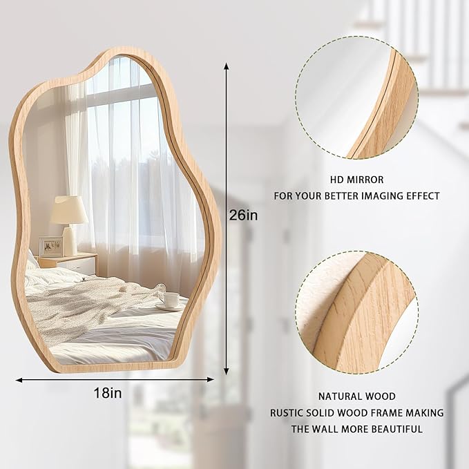 Wall Mirror Irregular Cloud Mirror Modern Wood Frame Mirror Unique Shape Asymmetrical Wall Vanity Artistic Mirror Decor for Bedroom Bathroom Entryway Hallway Living Room Large