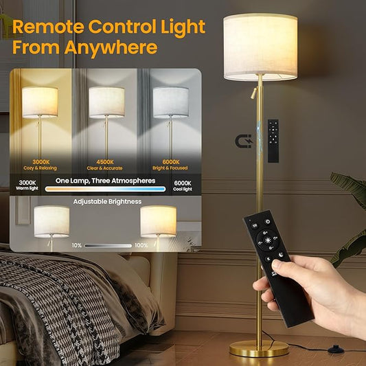 Modern Floor Lamp for Living Room and Bedroom- 55"-67" Height Adjustable Standing Lamps with Dimmable LED Bulb and Remote Control-Bright Tall Stand Light with Shade for Corner Lighting (Gold)