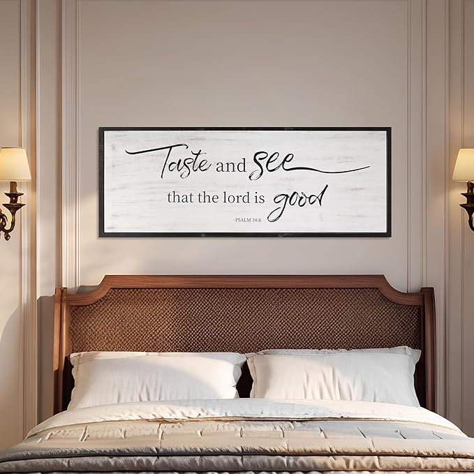 Taste And See That The Lord Is Good Bible Verses Framed Wall Sign For Family Living Room Kitchen Farmhouse Dining Room Vintage Boho Wall Art Decoration For Living Room Bedroom, 40 X 15 Inch, Black