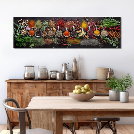 Large Colorful Kitchen Wall Art Spices Herb Food Picture for Dining Room Wall Decor Seasoning Herb Spoon Canvas Prints Poster Vintage Modern Family Bar Painting Artwork Home Decorations 14x48”