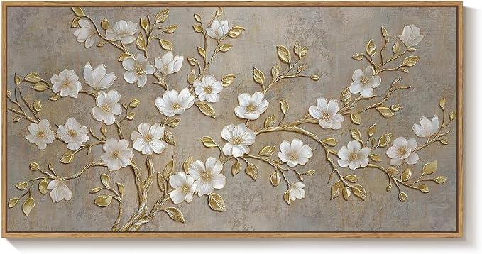 Large Framed Neutral Botanical Wall Art for Living Room, Rustic Elegant Magnolia Floral Canvas Prints Paintings, White Flower with Gold Branches Pictures for Dining Room Office Wall Decor, 60x30 Inch