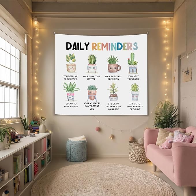 Daily Reminders Wall Tapestry, Cute Plant Mental Health Banner with Inspirational Quotes, Soft Flannel Tapestry Wall Hanging Decor for Bedroom Living Room,Kids Room Decoration 51x59 Inch (Colorful-Daily remingders)