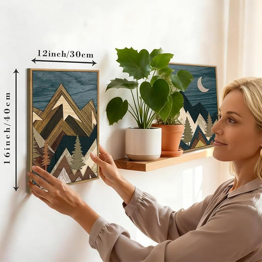 BINCUE Boho Mountain Wall Art Framed Landscape Wall Decor Modern Nature Artwork Mountains Wall Pictures Moon Art Landscape Wall Paintings Rustic Prints for Farmhouse Bedroom Living Room Office 12x16 Inch Set of 3