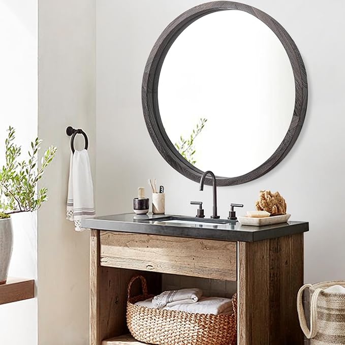 JJUUYOU Large Circle Wall Mirror 24 Inch Round Wall Mirror for Bathroom, Gray Rustic Circular Mirror Washroom Wall Vintage Wood Frame Mirror for Living Room, Bedroom, Dorm Decorative
