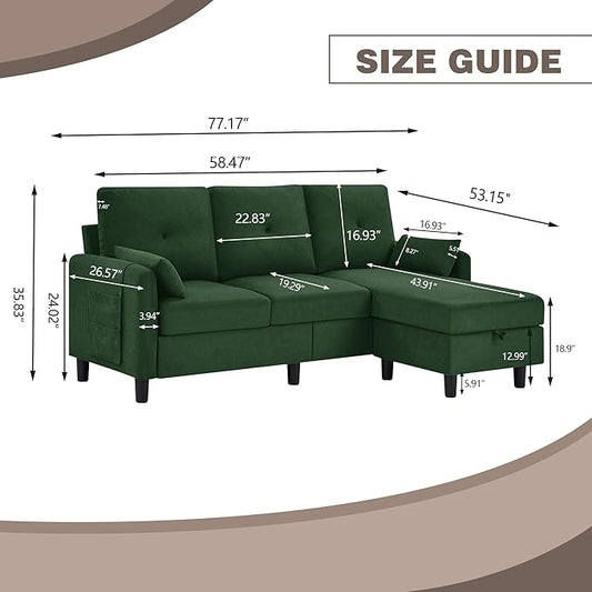 77" Convertible Sectional Sofa, Small L Shaped Couch with Storage Chaise, 3 Seats Modern Polyester Fabric Couches for Living Room, Apartment and Small Space, Green