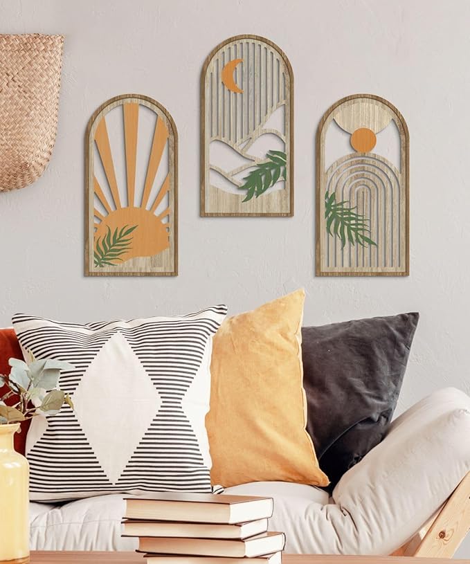Putuo Decor Boho Plant Wall Art, Wood Modern Minimalist Wall Decor, Abstract Sun Inspired Room Decorations 16x8 In Mid Century Artwork for Living Room Bedroom Office in Sunrise Earthtone Set of 3