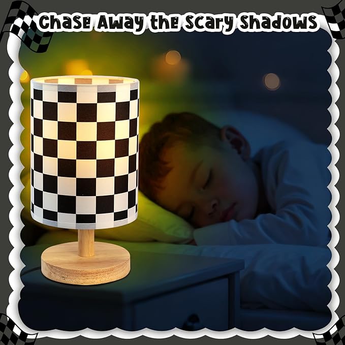 Black White Checkered Table Lamp for Bedroom Kids Bedside Lamp with Linen Wooden Nightstand Cartoon Nursery Lampshade for Checkered Decor