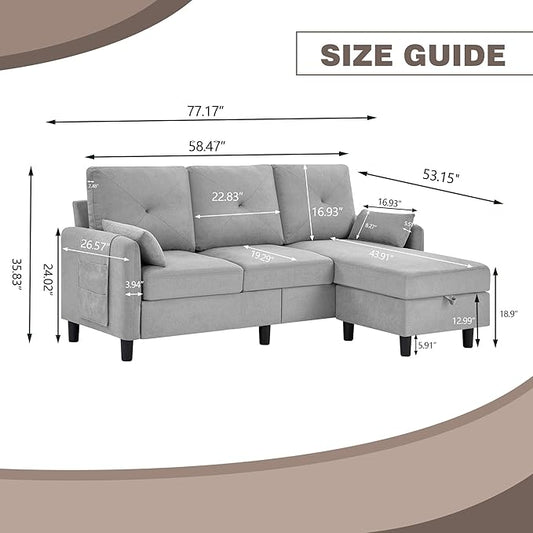 Convertible Sectional Sofa, 77" Small L Shaped 3 Seat Couch with Reversible Storage Chaise, Modern Polyester Fabric Sofa Couches for Living Room, Apartment and Small Space