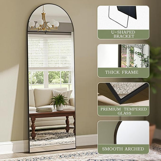 MISSDAY 64"x21" Arched Full Length Mirror, Full Body Mirror with Stand, Floor Mirror Long Free Standing, Leaning or Hanging, Aluminum Thin Frame Wall-Mounted Mirrors Wall Mirrors for Bedroom, Black
