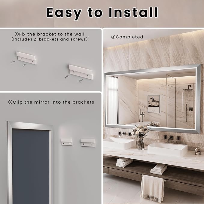 Amorho Bathroom Mirror, 55x40 Inch Silver Thick Metal Framed Wall Mirrors for Over Sink, Brushed Nickel Mirror Perfect for Bedroom, Living Room, Entryway, Rectangle (Horizontal/Vertical).