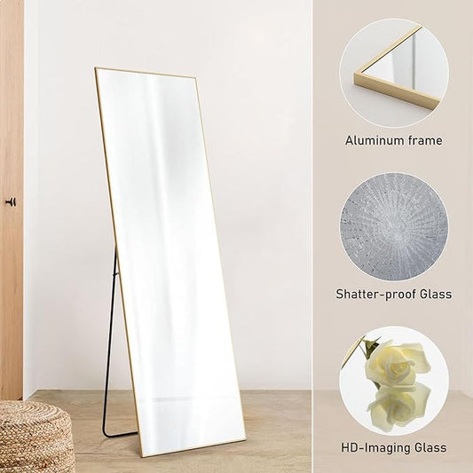 OLIXIS Full Length Mirror for Bedroom, 56"x15" Full Body Mirror with Stand, Hanging or Leaning for Wall, Aluminum Alloy Thin Frame Floor Standing for Living Room, Long, Gold