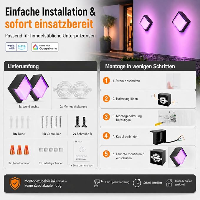 Meevt Smart Outdoor Wall Lights, 1200LM RGBCW Porch Lights, IP65 Waterproof Exterior Wall Sconce, Work with Alexa & Google Assistant, App & Remote Control Wall Lights for Patio, Garage, Square, 2 Pack