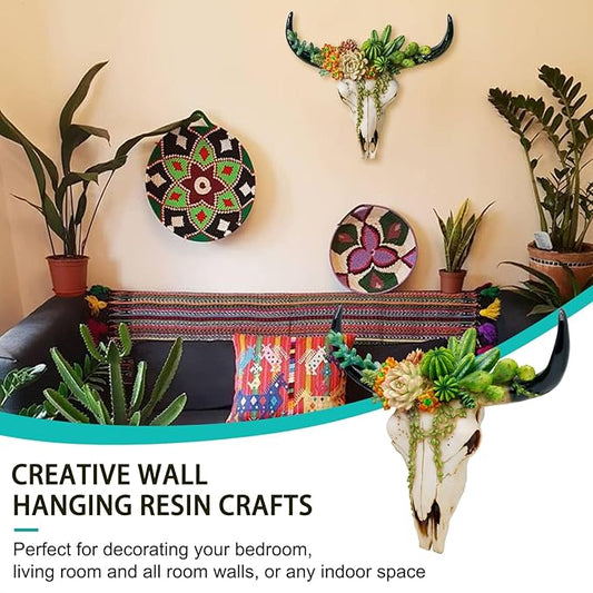 alikiki Rustic Western Home Decor - Tribal Wall Decor Western Long Horn Bull Skull Wall Decor Cow Buffalo Skull Bison Animal Head Wall Hanging Wall Arts w/Succulents for Bedroom Living Room Cold Cast Resin Figurines