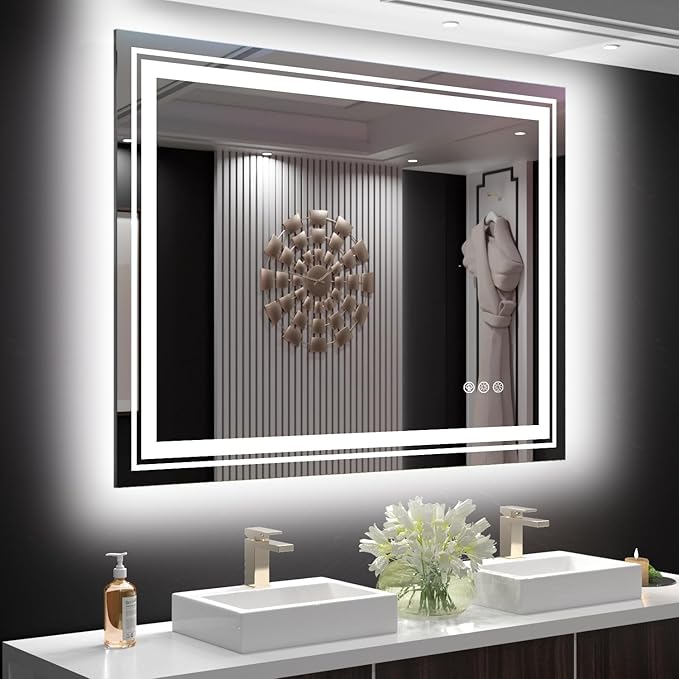 Snowdool LED Mirror for Bathroom, 48"X36" with 8 RGB Backlit +3 Front Lit (Adjustable Individually), Anti-Fog, Large Lighted Bathroom Vanity Mirror for Wall,Shatterproof,Memory Function,Tempered Glass