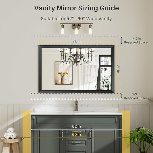 Briivue 48x30 Inch Black Bathroom Mirror for Wall, Thick Metal Framed Rectangle Mirrors for Over Sink, Bedroom, Living Room, Entryway, Anti-Rust, HD Tempered Glass