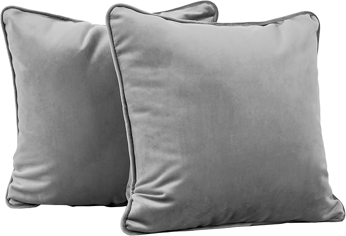 FDP 15" x 15" Velvet Square Pillow Set with Piping Decorative Throw Pillow for Home Dcor in Living Room, Bedroom or Lounge (2-Pack) - Smoke, 15157-343