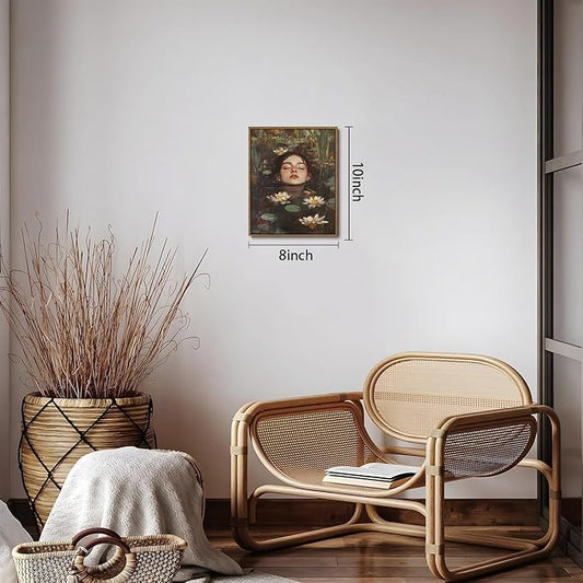 WALLZK Vintage Framed Wall Art Lotus Pool Canvas Prints Woman Portrait Artistic Painting Decor Artwork for Walls Living Room Bedroom Bathroom 8"x10"