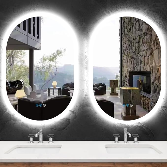 THEKLA 24 x 36 inch Oval Lighted Mirror for Bathroom Salon Wall Horizontal Vertical Mount Oval Backlit Vanity Mirror with Lights Smart Memory 3 Color Dimmable AntiFog 36 Back Light up LED Ovals Mirror