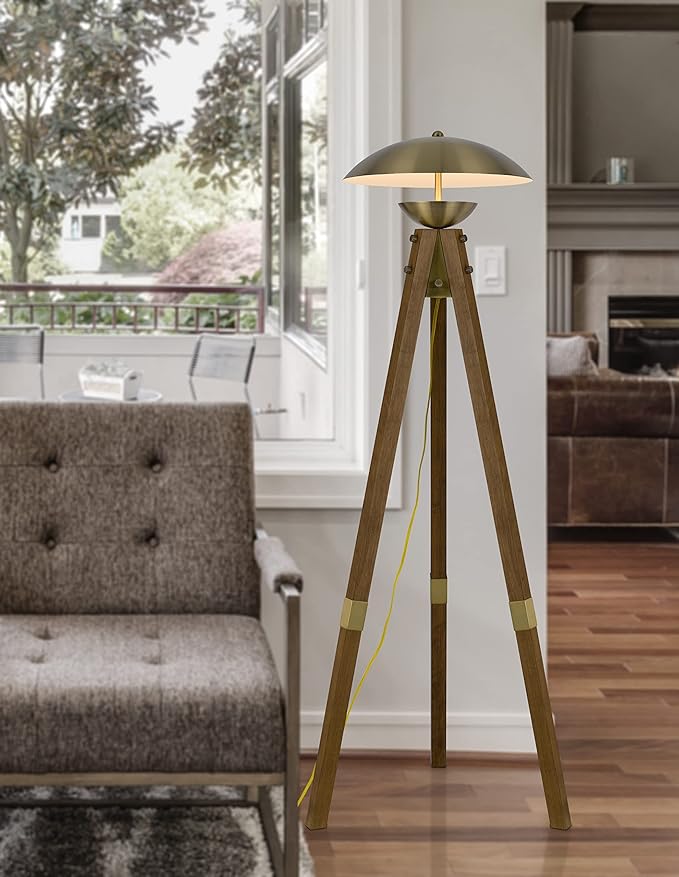 Cal Lighting BO-3801FL Lakeland 18W Intergrated LEDTripod Rubber Wood Floor Lamp with Half Domed Metal Shade