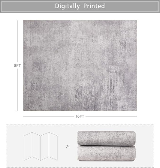 Srugn Washable Rugs 8x10 Area Rugs for Living Room,Modern Abstract Rugs for Bedroom,Large Carpets,Ultra Soft Faux Wool Retro Dining Room Rug,Non Slip&Non-Shedding Low Pile Print Rug- Grey